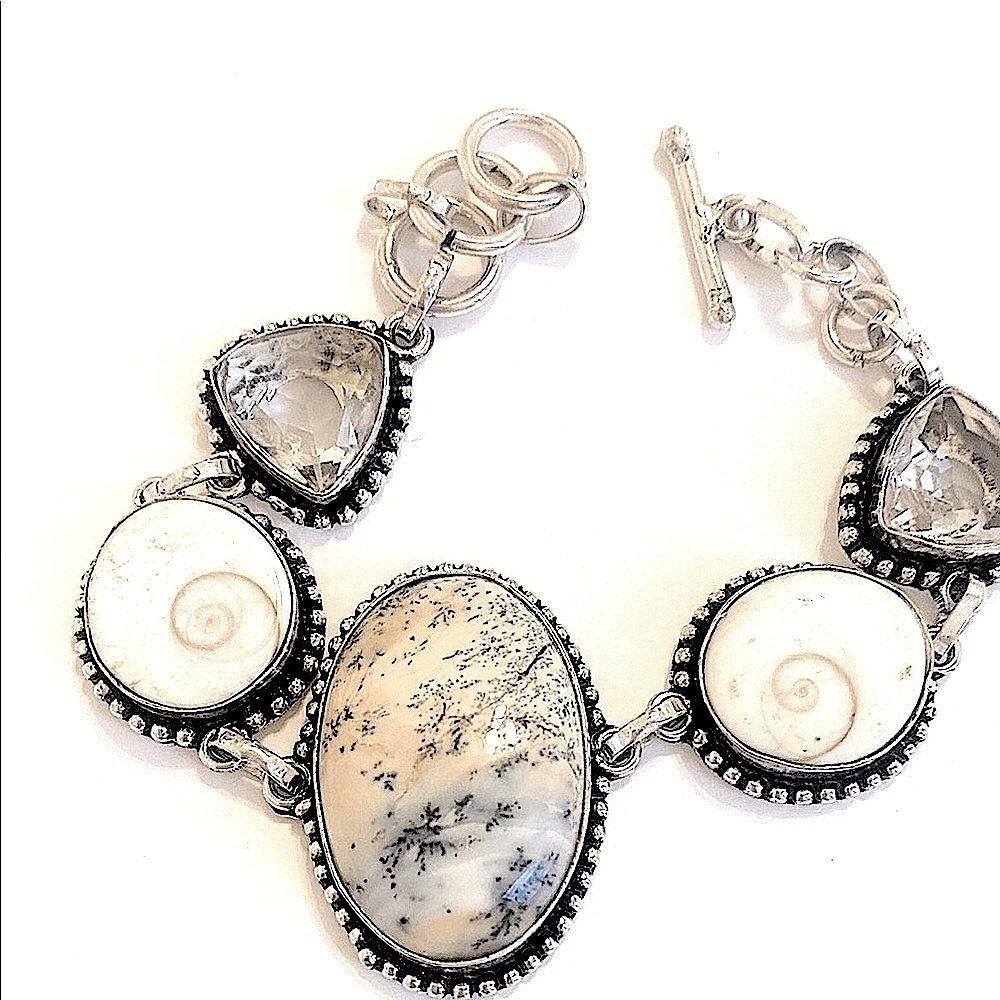 Dendrite Opal, Shiva Eye and White Topaz, 925 marked bracelet size 7—7 1/2—8
